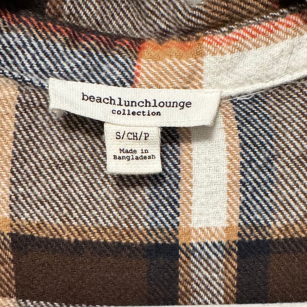 Womens Plaid Flannel Shirt Jacket BeachLoungeLunch Orange Brown White - Picture 11 of 13